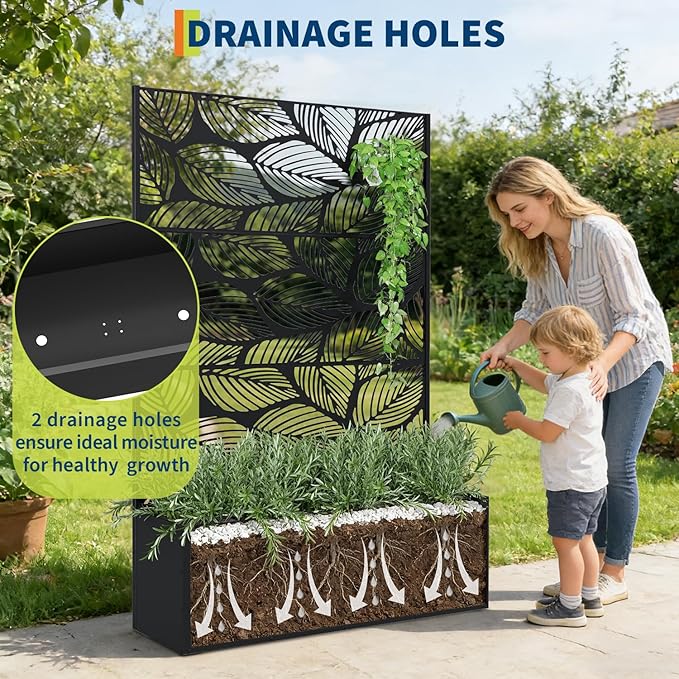 Metal Raised Garden Bed with Trellis Privacy Screen – Large 15.8 Deep Black Planter for Climbing Plants &amp Vegetables – Galvanized Steel Drainage Holes – 118x40x180cm Birch Leaf Design