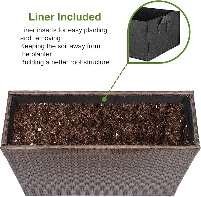 LEWIS&ampWAYNE Tall Planters for Outdoor Plants Handmade Wicker Large Rectangular Block Planter Box with Removable Liners Modern Planter for Indoor Outdoor Patio Deck - Brown