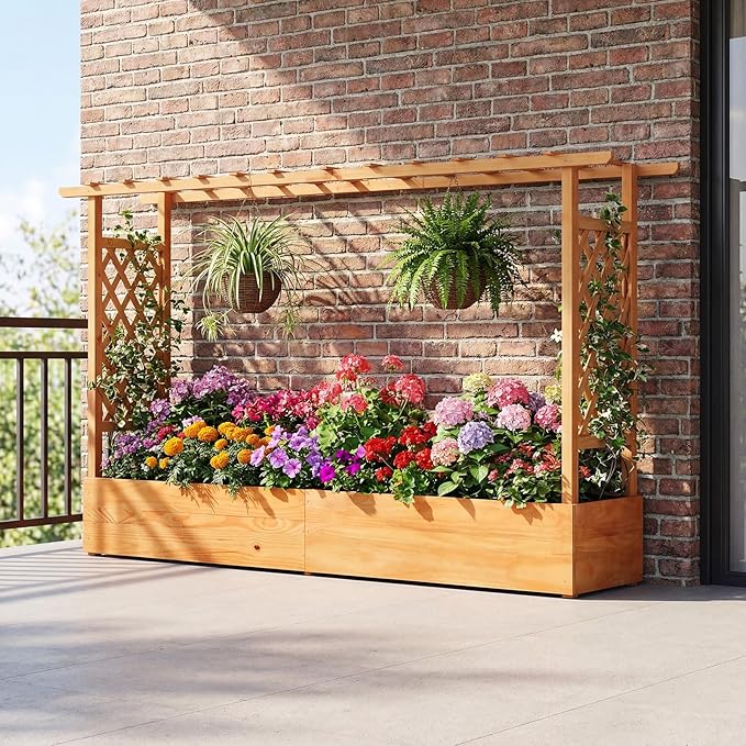 45-Inch Raised Garden Bed Wood Garden Freestanding Elevated Planter with Hanging Roof Drainage Holes for Vine Climbing Plants Flowers Planter Box with Trellis for Garden Patio Yard