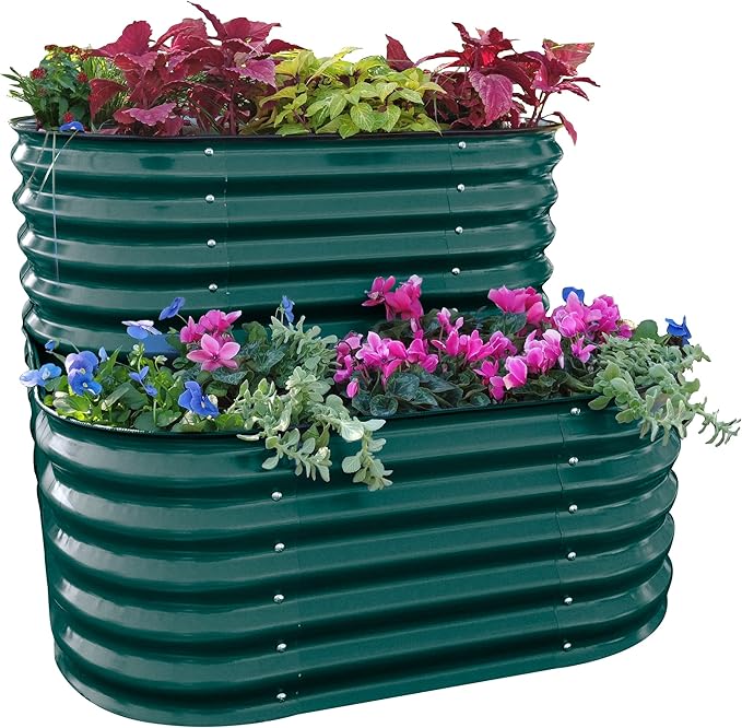 Vego garden Cascading Raised Garden Planter Box Outdoor Metal Galvanized Gardening Bed for Vegetables Herb &amp Flower British Green