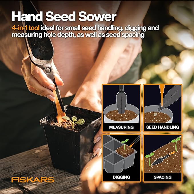 Fiskars Vegetable Gardening Essentials 6-Piece Tool Set for Cultivating Serrated Stainless Steel Shears &amp 4-in-1 Seed Sower for Planting Rust-Resistant Steel Trowel Cultivator Weeder L/XL Glo