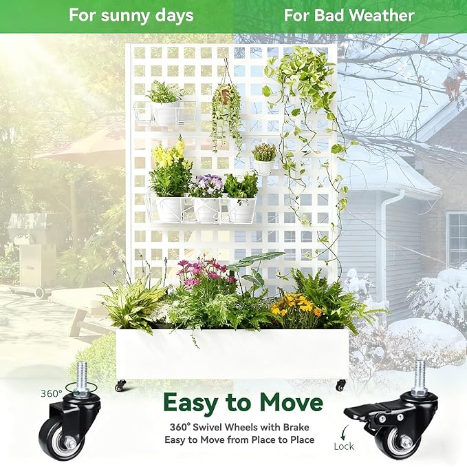 Metal Planter Box with Trellis 71x47x16 Raised Garden Bed Outdoor with Privacy Screen &amp Lattice Trellis &amp Lockable Casters Vertical Garden Box with Drainage Hole for Climbing Plants Vege