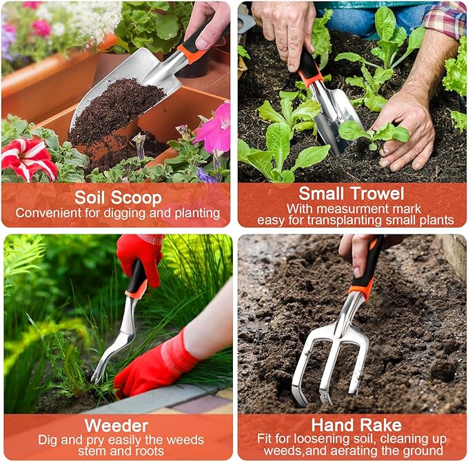 Hand Rake Garden Tool Heavy Duty Hand Cultivators for Gardening + Garden Tools Set 8 Piece Gardening Tools Set