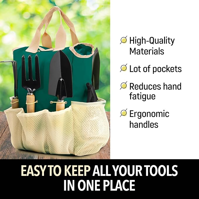 Garden Tools Set – Gardening Tools Organizer Handbag – Rust Proof Heavy Duty Ergonomic &amp Durable Tool Bag Kit – Gardening Gifts for Women &amp Men – Garden Tool Organizer Tote Bag with 10 Piece