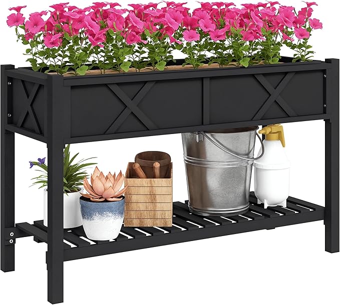 Outsunny Raised Garden Bed Elevated Wood Planter Box with Storage Shelf Drainage Holes and Liner for Backyard Patio Balcony 47 x 22 x 31.5 in Black
