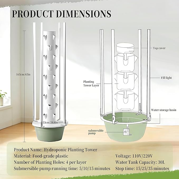 Multi-layer hydroponic planting tower Hydroponics Tower Indoor Growing Vertical Hydroponic Tower Water cycle Top water distributiongravity return for Your Home Gardening Withlights-9Layer