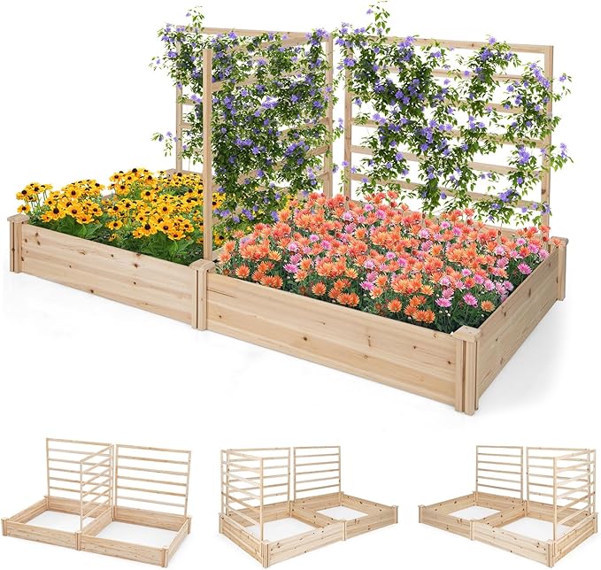 Raised Garden Bed with 3 Trellises 2 Large Wooden Planter Boxes with Trellis for Vine Climbing Plants Flowers Modular Design for Outdoor Garden Patio Backyard 88L x 45W x 43H Natural
