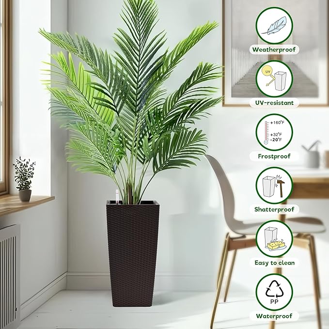 Square Planter for Indoor or Outdoor Use 22 Inch High Faux Rattan Flower Pot with Automatic Watering System for Porch Patio Backyard Makes Keeping Flowers Easier (Pack of 2 Brown)