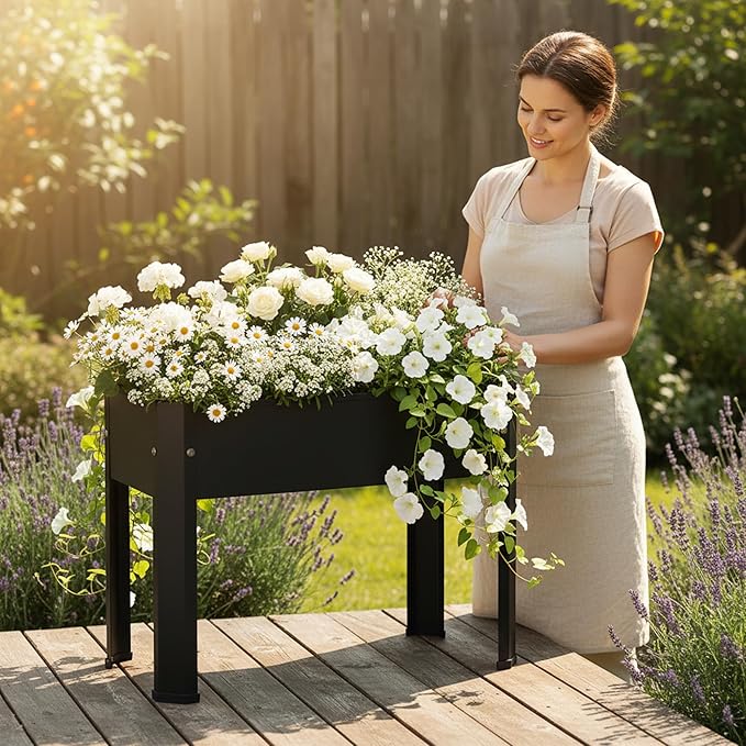 Raised Garden Bed with Legs 24×10.8×18 in Metal Elevated Raised Planter Box with Drainage Holes for Backyard Patio Balcony 80 lb Capacity - Black