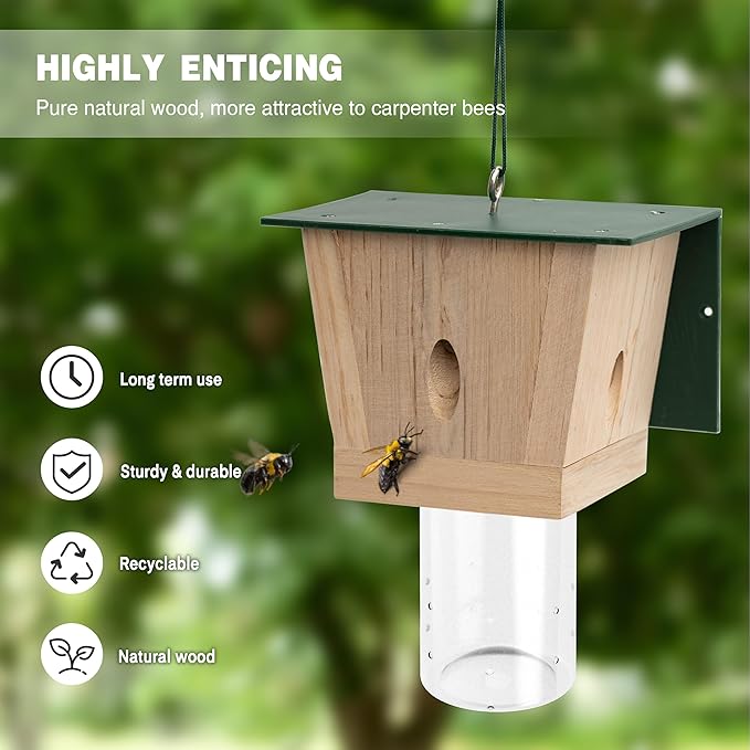 Carpenter Bee Trap for Outside - Green Pentroof Shed Style Nature Hanging Wood Carpenter Bee Traps Outdoor - Best Bee Trap - Insect Traps with Removable Vault (4 Pack)