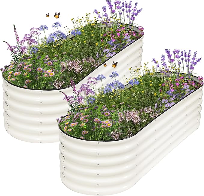 Galvanized Raised Garden Bed Outdoor- 2 Pcs Raised Beds for Gardening| Metal Planter Box Steel Raised Garden Bed Kit with Gloves for Vegetables Flower Herbs (6x2x1.4FT White)