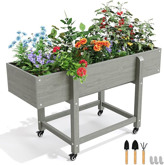 LUE BONA Raised Garden Bed with Wheels 48 * 16.7 * 28 in Poly Elevated Outdoor Planter Box with Tools Weather Resistant Standing Growing Bed Herb Planter for Vegetable Flowers Fruits