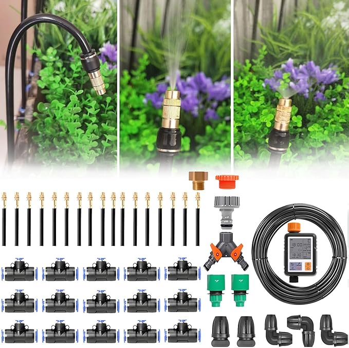Drip Irrigation System Kit Automatic Garden Watering System Adjustable Bendable Nozzle Copper Sprayer System for Garden for Outdoor Plants for Garden Yard Lawn Greenhouse30m/98.4ft