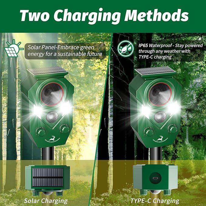 Solar-Powered Ultrasonic Animal Repellent with Motion Sensor Perfect for Outdoor Yards Deer Repellent Device with LED Flashing Lights Effective to Repel Deer Coyotes Raccoons and Cats
