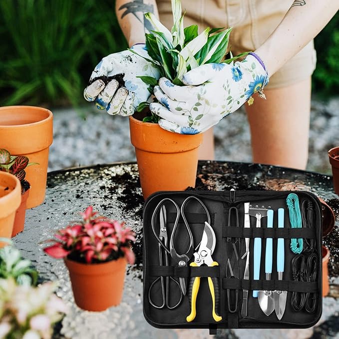 15Pcs Garden Tools Set Succulent Gardening Trimming Kits High Steel Bonsai Tools Set Includes Gardening Bag Hand Rake Shovels Scissors Pruning Shears Wire Gardening Gifts
