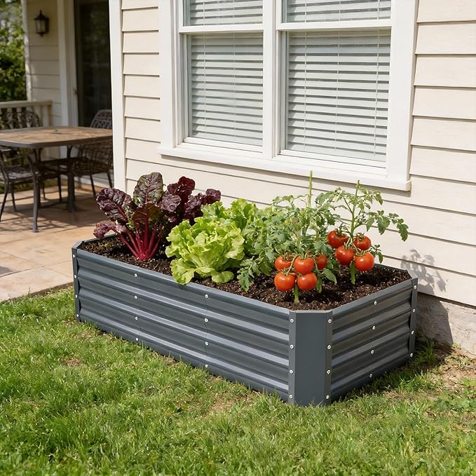 INNO STAGE 4×2×1ft Galvanized Raised Garden Bed Kit Galvanized Planter Raised Garden Boxes Outdoor Large Metal Raised Garden Beds for Vegetables Flowers Herbs and Succulents Grey