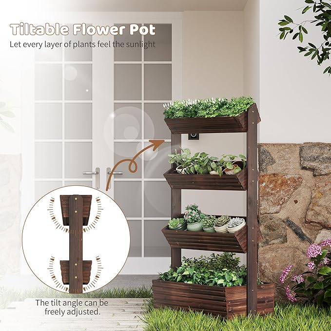 FILWH Wooden Raised Garden Bed Vertical Planter Box Freestanding Plant Stand for Indoor Outdoor Plants Herbs Flowers Vegetables Gardening (Carbonized 4-Tier29.9 x 17.9 x 55in)