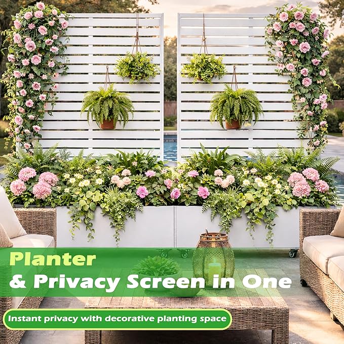 Metal Planter Box with Trellis 43” L x 16” W x 71” H Raised Garden Bed with Wheels Privacy Planters for Patio Metal Planter Box with Drainage Holes White