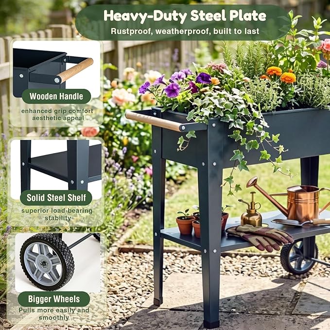 Raised Garden Bed Outdoor with Wheels &amp Legs for Mobility Solid Lower Storage Shelf &amp Wooden Handle Metal Elevated Raised Planter Box for Backyard Balcony 400lb Cap.(Light Black 36 inch)