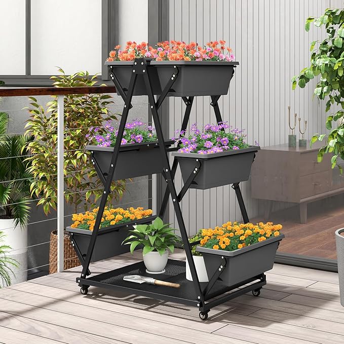 HAPPYGRILL Raised Garden Bed Vertical Garden Planter with Lockable Wheels Drainage Holes 3-Tier Elevated Planter Box for Deck Patio Balcony Perfect for Vegetables Flowers Herbs Tools