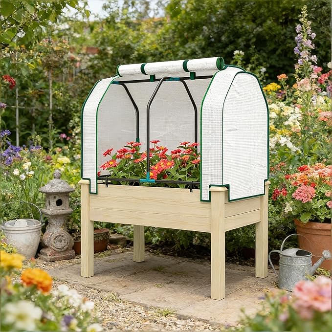 Raised Garden Bed with Legs &amp Retractable Cover 46.9 Tall Planter Box with Non-Woven Fabric Elevated for Vegetables Herbs Flowers Outdoor Patio Balcony 88 LB Capacity (Natural Wood)