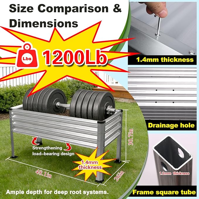 Large Galvanized Raised Garden Bed Outdoor with Legs Load Capacity 1200LB 48x26x30in Metal Elevated Raised Planter Box for Backyard/Patio/Balcony/Gardening/Vegetables Flowers Sliver