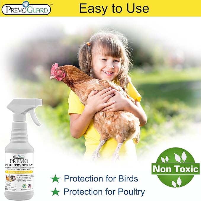 Premo Guard Poultry Spray - 16 oz - Kill Scaly Leg Mites Fleas Lice &amp Other Pest on Chickens and in Coops - Natural Plant Based Oils for Control &amp Prevention - Family Safe with No Egg Wit