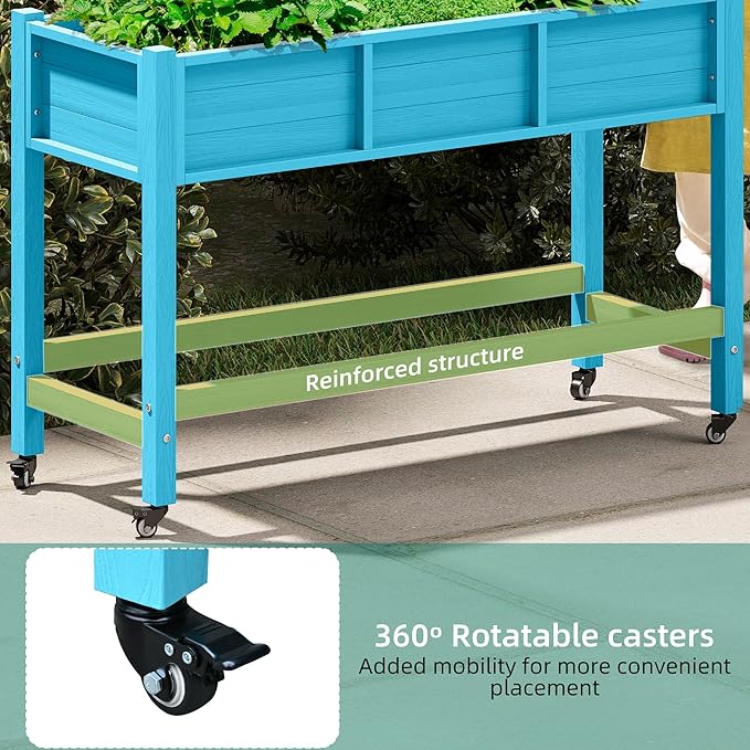YITAHOME Raised Garden Bed HDPE 47x18x31In Raised Flower Bed Poly-Wood Weather-Resistant Elevated Planter Box with Lockable Wheels for Vegetables Aruba Blue
