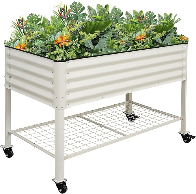 Elevated Raised Garden Bed 2' x 4' - Galvanized Planter Boxes with Legs Wheels and Storage Rack Outdoor Planters for Backyard/Patio/Balcony with Drainage Holes for Vegetables Flowers Herbs White