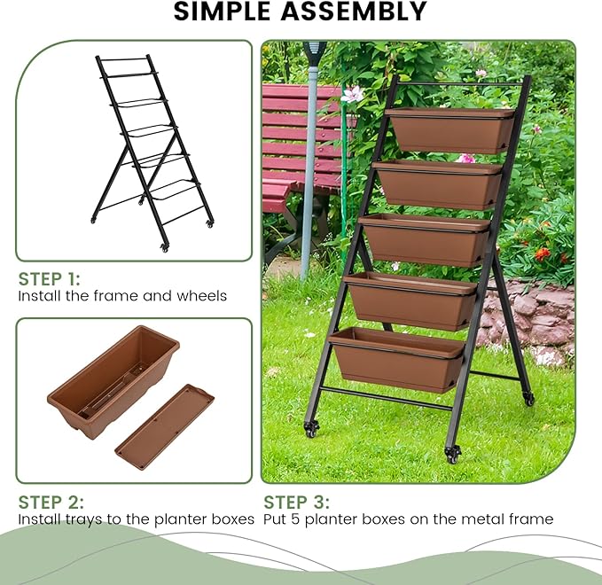 Giantex Vertical Raised Garden Bed on Wheels 5-Tier Elevated Planter Boxes Garden Beds with Drain Hole Freestanding 5 Containers for Herb Vegetables Flowers Growing Indoor Outdoor Patio Balcony