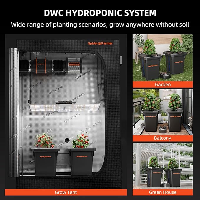 Spider Farmer DWC Hydroponics Grow System with 7-Gallon Deep Water Culture New Triangular Cover Design Recirculating Drip Garden System with Top Drip Kit 8W Air Pump 2 Buckets