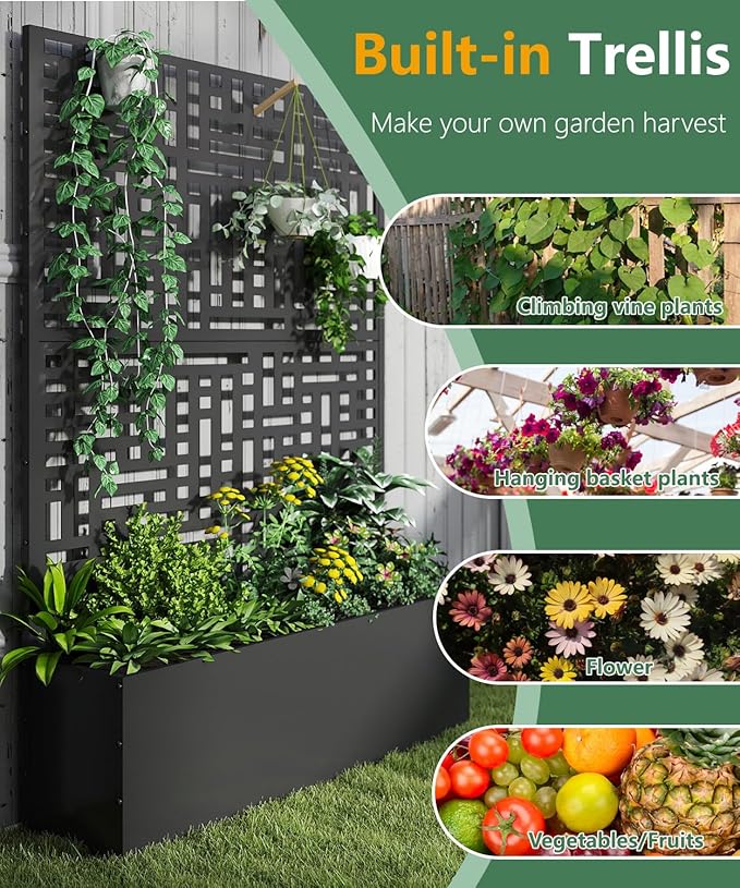 Metal Planter Box with Trellis70.9x47.2x15.7 Raised Garden Bed with Drainage Holes Privacy Planters for Outdoor Garden Bed for Climbing PlantsVegetablesand Vines2PCSBlack-Modular