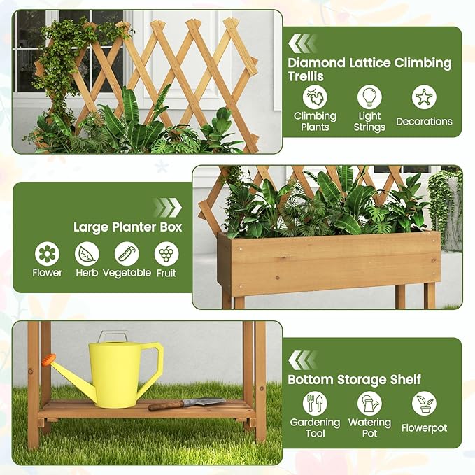 Giantex Raised Garden Bed on Wheels Rolling Planter Boxes with Trellis Storage Shelf &amp Black Liner Indoor Outdoor Wood Raised Bed for Flower Climbing Vine 36”x12”x51”