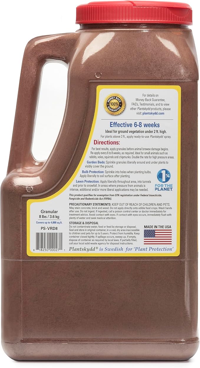 Plantskydd Animal Repellent - Repels Deer Rabbits Elk Moose Hares Voles Squirrels Chipmunks and Other Herbivores 8 LB Granular Shaker Jug (PS-VRD-8)