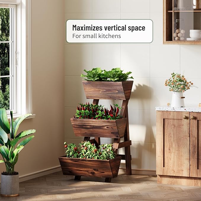 Vertical Wooden Raised Garden Bed Garden Planters Freestanding Wood Plant Stand Flower Rack Wooden Planter Box for Plants Herbs Flowers Vegetables Outdoor Indoor Gardening (3-Tier Small Carbonized)