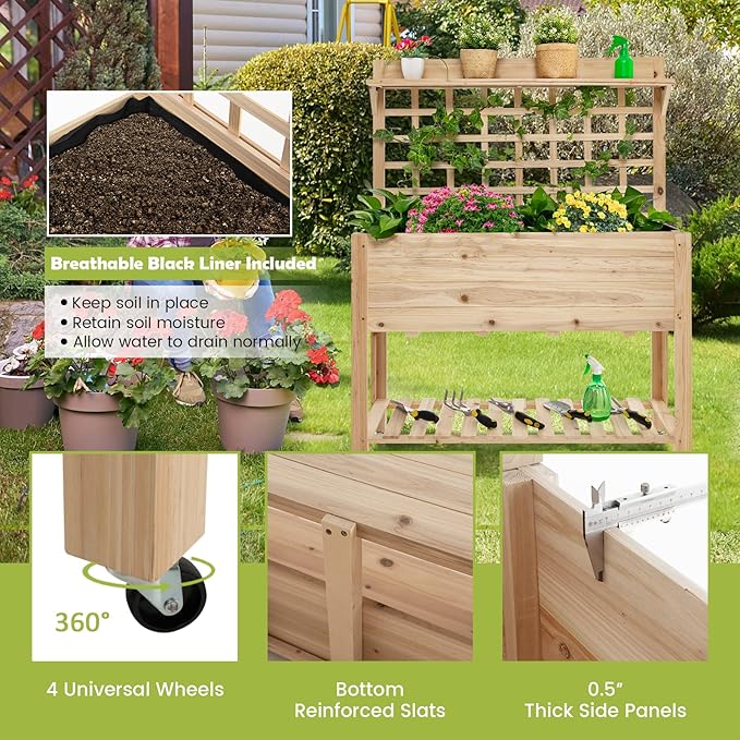 S AFSTAR Raised Garden Bed with Trellis 41.5x16x54in Mobile Elevated Planter Box with Wheels Bed Liner Top/Bottom Storage Shelves Freestanding Wood Planter Stand for Garden Patio Balcony