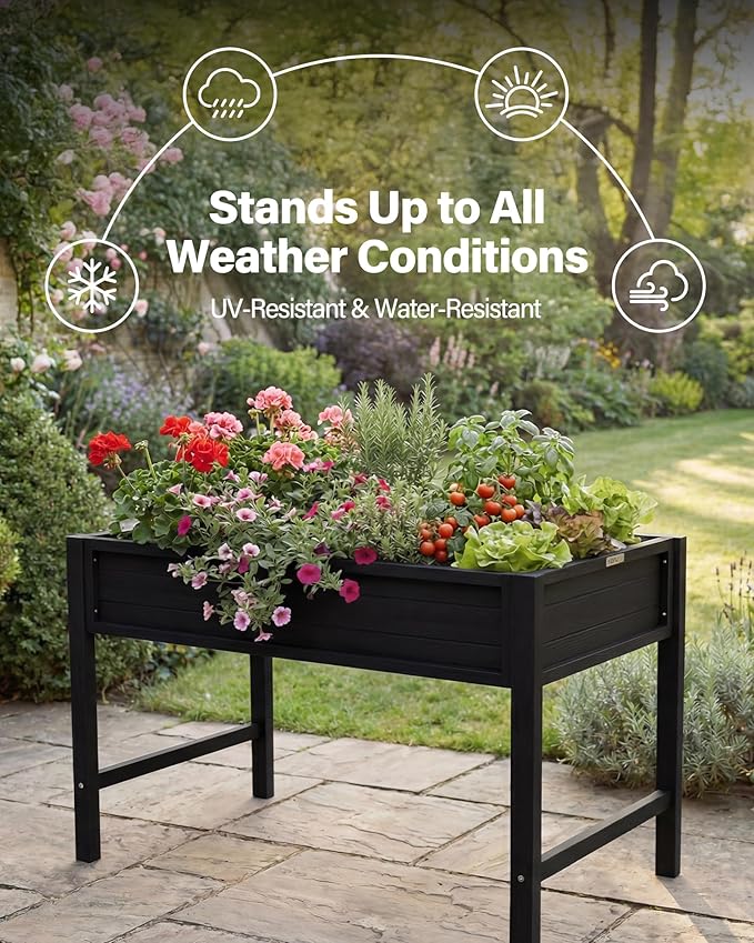 YEFU HIPS Raised Garden Bed: 48x24x30in Black Raised Garden Beds Outdoor with Drainage &amp Legs - Planter Boxes Outdoor for Herb Vegetable Plant Gardening on Patio Deck for Suburban Homeowners