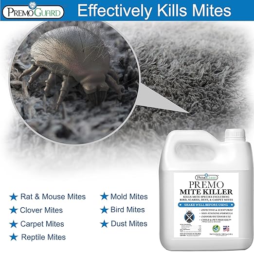 Premo Guard Natural Mite Spray – Large 128 oz Bottle – Plant Based Treatment for Dust Spider Carpet Bird Rat Mites – Safe for Families Pet Home Bedding &amp Furniture When Used As Directed