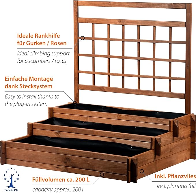raised bed three-level Peru wooden with climbing trellis: planter box cold frame construction kit for vegetables brown 110x88x115 cm 58185FSC