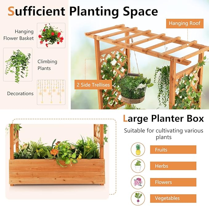 S AFSTAR Raised Garden Bed with Arch Trellis Wood Planter Box with Hanging Roof Side Trellis 4 Drainage Holes Above Ground Elevated Garden Bed for Outdoor Climbing Plants Vines Patio