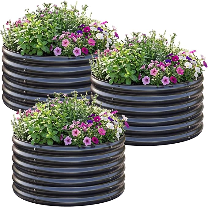 AHEONLAR 3PCS 2x2x2ft Galvanized Raised Garden Bed Kit Round Metal Flower Box Large Planter Raised Beds Outdoor Garden for PlantingFruitHerb Grey