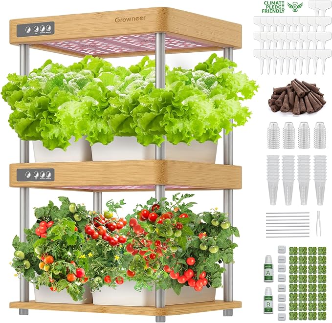 GROWNEER HydroEasy1.0 Hydroponic Growing System 2-Tier Indoor Garden with Full-Spectrum LED Grow Lights 32 Pods Solid Wood Design Independent Water Circulation Ideal for Vegetables Herbs Bamboo