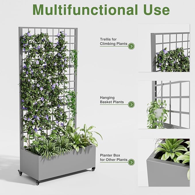 Casaphoria Metal Raised Garden Bed with Trellis and Wheels 72x35x16 Planter Box for Climbing Plants Vegetables &amp Vines Features Drainage Holes and Privacy Screen (Gray-Grid)