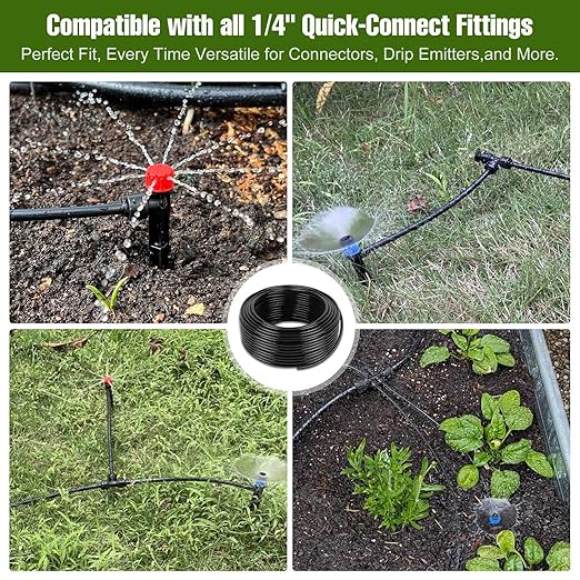 100FT 1/4 Inch Drip Irrigation Tubing with 10 Pack Push-to-Connect 1/4 Tee Connectors Distribution Drip Line Hose &amp Universal Tee Fitting for Drip Irrigation Parts or Drip System and Misting Sy