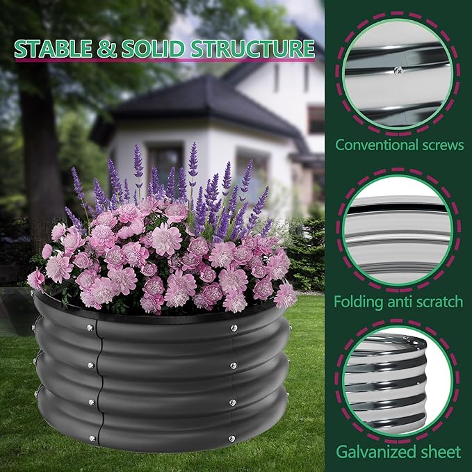 PeakPursuit 3-Pack 2x2x1Ft Galvanized Metal Raised Garden Beds Round Planter Box for Vegetables Herbs and Outdoor Gardening Black