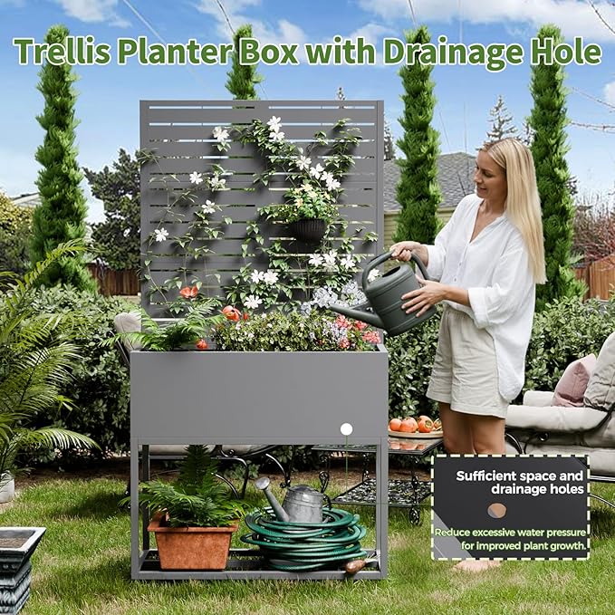 Metal Planter Box with Trellis67 H x35 W Raised Garden Beds with Privacy Screen for Climbing Plants Flower Elevated Standing Planter Garden Bed with Drainage Holes for Outdoor PatioGrey