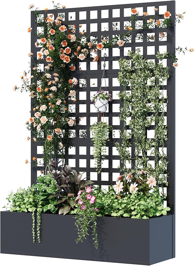 Metal Planter Box with Trellis 71x 47x 16 Raised Garden Bed Planter Box Trellis with Privacy Screen and Drainage Holes Black