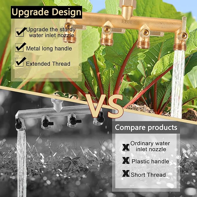 EBH Brass Garden Hose Splitter 4-Way Heavy Duty Hose Splitter Outdoor Faucet Manifold with Extended Metal Handle and Individual On/Off Valve Spout 3/4” GHT Threads
