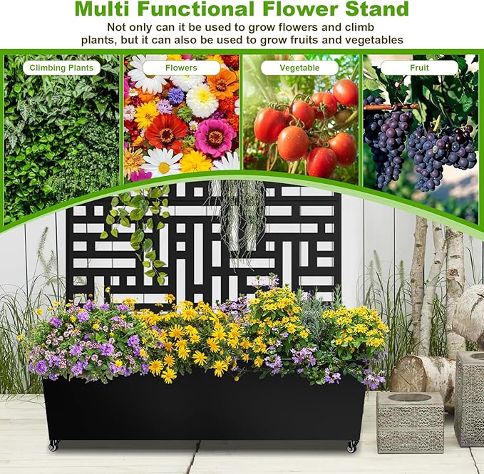 Metal Planter Box with Trellis 72x47x16 Metal Raised Garden Bed with Trellis Trellis Planter Box with Drainage Holes &amp Lockable Casters for Climbing Plants Vegetables and Vines