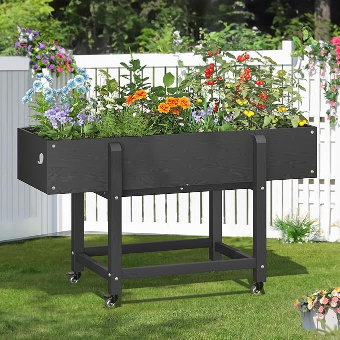 LUE BONA Raised Garden Bed with Wheels 48 * 16.7 * 28 in Poly Elevated Outdoor Planter Box with Tools Weather Resistant Standing Growing Bed Herb Planter for Vegetable Flowers Fruits